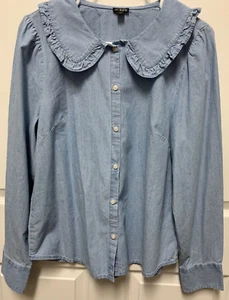 J Crew shirt size 12 blue Chambray long sleeve EC ruffle edge Peter Pan collar - Picture 1 of 11