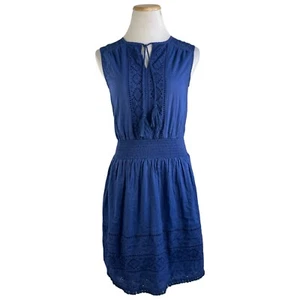 Cabana Life Dress Blue Eyelet Smocked Elastic Waist Fringe Hem Summer Size XS - Picture 1 of 7