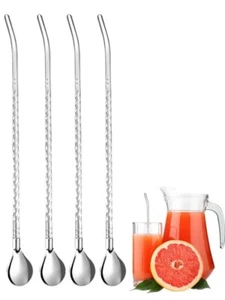 4 Pieces Spoon Straws Stainless Steel Drinking Spiral Design - Picture 1 of 4