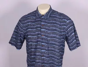LL BEAN Medium Short Sleeve Button Down Shirt -Blue Multi Tribal Wavy Striped - Picture 1 of 11