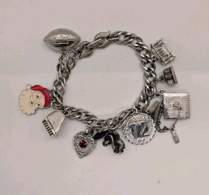 Vintage Monet Silberfarben Grob Doppel Glieder Bettelarmband mit 10 Charms - Bild 1 von 13