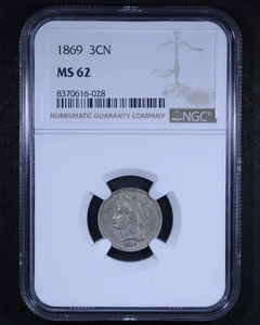 1869 Three Cent Nickel - 3CN NGC MS62 - Nice Coin! - Picture 1 of 4