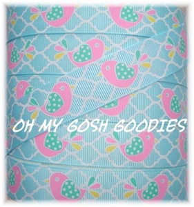 7/8 EASTER LITTLE CHICK BIRDIE PIE QUATREFOIL GROSGRAIN RIBBON 4 HAIRBOW BLUE - Picture 1 of 2