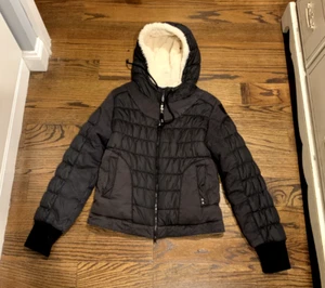 Silver Jeans Fur Lined Black Puffer Jacket with Hood sz M - Picture 1 of 4