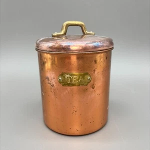 Mid Century Copper Tea Canister w/ Lid Farmhouse Kitchen Brass Handle Tin Lined - Picture 1 of 8