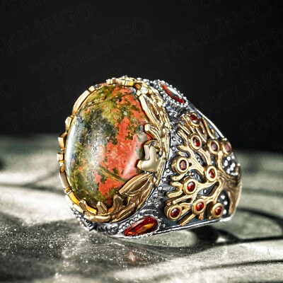 Мужское кольцо из чистого серебра 925 пробы с камнем унахитом мотив дерева жизни - Изображение 1 из 4