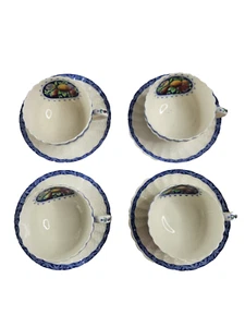 Vtg Spode Copeland Tudor Cup Saucer Lot 8 Crazing Signs of Wear Blue White Fruit - Picture 1 of 14