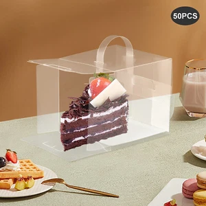 50 Pcs Clear Cake Boxes Plastic Cake Carrier with Lid and Handle 11*11*11cm New - Picture 1 of 21