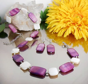 Wunderschönes SET Collier + Ohrhänger aus PERLMUTT in Magenta Creme - Bild 1 von 4