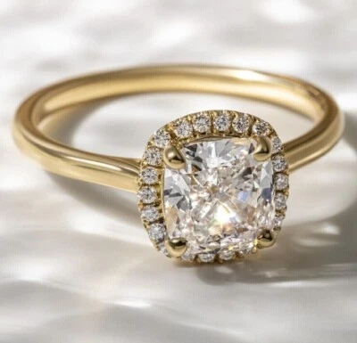 2Ct Cushion Cut Lab Created Diamond Halo Engagement Ring 14K Yellow Gold Finish - Image 1 of 4
