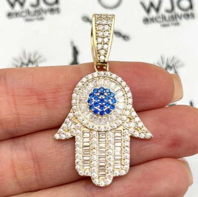 14K Yellow Gold Baguette Stone Sapphire Hamsa Pendant 1.6" - Image 1 of 4