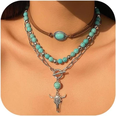 Layered Western Necklaces for Women Vintage Turquoise Beaded Western Jewelry for - Image 1 of 4