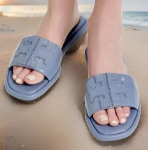TORY BURCH DOUBLE T SPORT SLIDE SANDAL PATENT LEATHER SPRING LOTUS SZ US 9 NIB - Picture 1 of 18