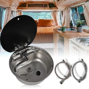 RV Caravan Camper Sink Stainless Steel Hand Wash Basin Sink w/Glass Lid & Faucet - Picture 1 of 10