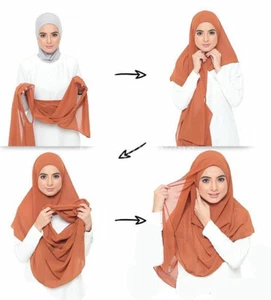 INSTANT Chiffon Hijab Double Loop Slip On Scarf Pull Over Crepe Shawl Islamic - Picture 1 of 25