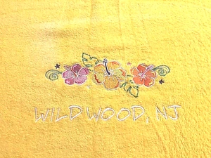Beach Towel Wildwood NJ Yellow Bath Towel Embroidered Flowers and Letters 28x34 - Picture 1 of 7