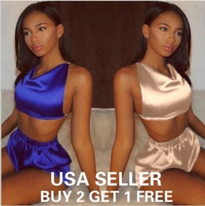 Silk-like Lace 2PCS set Women Sexy Lingerie Nightwear Sleepwear Babydoll J - Picture 1 of 6