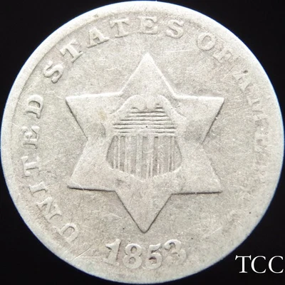 1853 THREE CENT SILVER TRIME ~ FASCINATING ORIGINAL 3c COIN ~ TCC - Image 1 of 4
