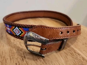 Vintage Beaded Western Belt 28 Leather Brown Native American Boho 1991 - Picture 1 of 7