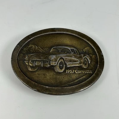Corvette Chevy 1957 auto coleccionista tono latón Indiana metal artesanía hebilla de cinturón Foto 1 de 4
