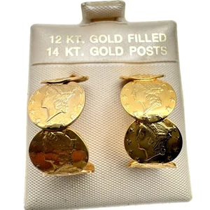 Vintage 12 KT Gold-gefüllte Ohrhänger mit 14 KT Goldpfosten Münzdesign Neu aus altem Lagerbestand - Bild 1 von 8