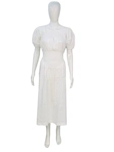 Doen Women's Pleated Square Neckline Belted White Cotton Long Midi Dress Size M - Picture 1 of 15