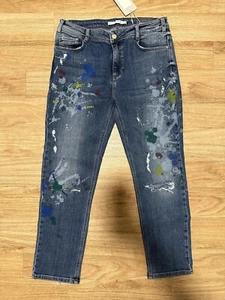 ZARA Slouchy Jeans 38/40 W28 W29 blau bunt Farbflecken used 7/8 Ankle Trafaluc - Bild 1 von 8