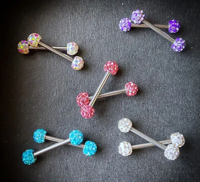 PAR de bolas de ferido pavimentadas de cristal anillos para pezones barras de acero quirúrgico 14 mm 14 g Foto 1 de 2