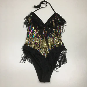 Black Womens sz XS/XXS MultiColor Sequin Embellished Fringe Dancewear Romper - Picture 1 of 12