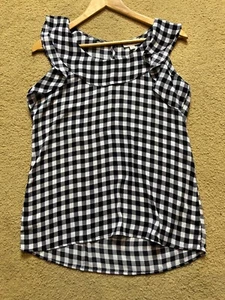 Ann Taylor Loft Top Black White Gingham Check Sleeveless Ruffle Tank Blouse S - Picture 1 of 4