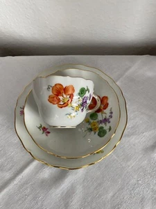 Meissen exklusives Kaffee Gedeck 3 - teilig Bunte Blume III mit Goldrand   TOP ! - Bild 1 von 6