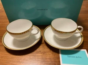 TIFFANY Gold Band Pair of Tea Cups & Saucers set of 2 cup Authentic - Picture 1 of 6