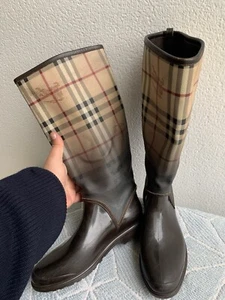BURBERRY Wellington Boots Size 7 US Check Nova Logo Brown Made In Italy - Picture 1 of 16