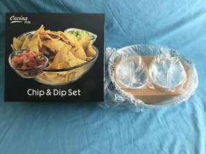 New 3 Piece Cucina Vita Clear Plastic Oval Chip & Dip Set Oval Salad Bowl - Picture 1 of 10
