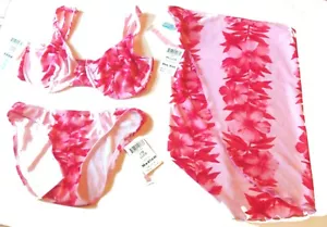 Sunsets 3-pc Luau Lei Coral Bikini Swimsuit w/Pareo Size 32DD/Medium NWT $130 - Picture 1 of 4