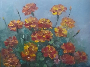 Marigolds original oil painting, marigolds wall art, Ukrainian flower painting - Picture 1 of 12