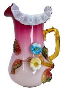 Stevens & Williams Peachblow Applied Flower Art Glass Pitcher/Vase - ca 1890 - Picture 1 of 10