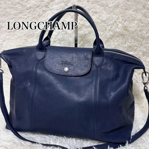LONGCHAMP Le Pliage Cuir Navy Leather Tote Shoulder Bag A4 Fits 15.7in Used - Picture 1 of 10