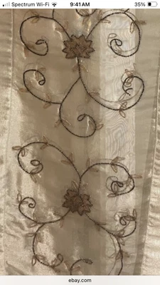 Light Gold Sheer Silk Organza Dark Gold Hand Beaded Indian Floral Table Runner - Image 1 of 4