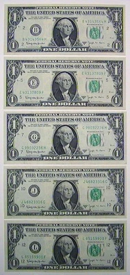 Complete Set of 5  1963 B  U. S. One Dollar $1 FR "BARR" Notes ALL BANKS LOOK - Image 1 of 4