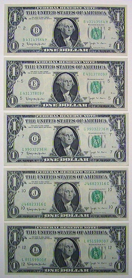 Complete Set of 5  1963 B  U. S. One Dollar $1 FR "BARR" Notes ALL BANKS LOOK - Image 1 of 4
