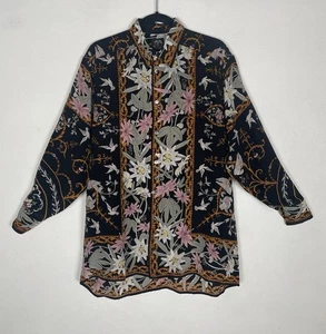 English Eccentrics 80s Black Gold Silk Cherubs Passion Flower Print Shirt Size M - Picture 1 of 10
