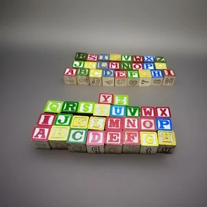 Two Sets Of A To Z Wooden Blocks Sizes 1 1/8 To 1 1/4 Inches Across - Picture 1 of 9