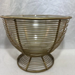 Gold Tone MCM Metal Wire Vase Bowl Centerpiece w/ Glass Insert Flowers Candles - Picture 1 of 11