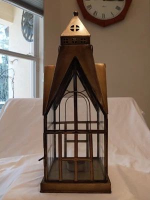 Gold Metal Tin Glass Church Hanging Tea Light Votive Candle Lantern 15" Tall - Image 1 of 4