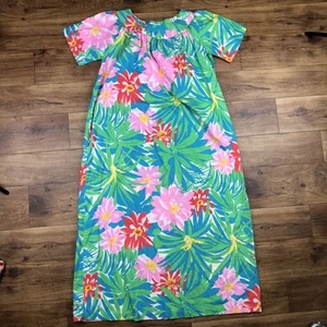 Vintage Sears Women Sz S Green Pink Floral Dress Hawaiian Muumuu - Picture 1 of 9