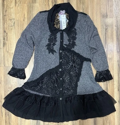 Pretty Angel NWT Gray Black Cardigan Jacket Linen Blend Large Y2K Lace Knit Long - Image 1 of 4