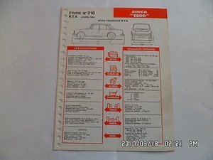 FICHE TECHNIQUE DE RTA SIMCA 1300 N°216 04/1964 G12 - Picture 1 of 1