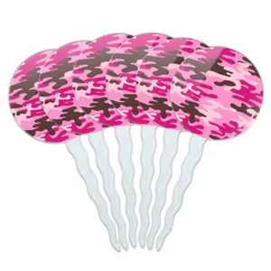 Pink Camouflage Cupcake Picks Toppers Decoration Set of 6 - Picture 1 of 6