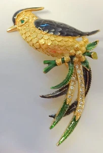 Vintage Signed SPHINX Enamel Rhinestone Bird On Branch Pin Brooch - Picture 1 of 7